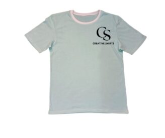 Pastel blue Creative Shirts tee with pink collar – export leftover stock