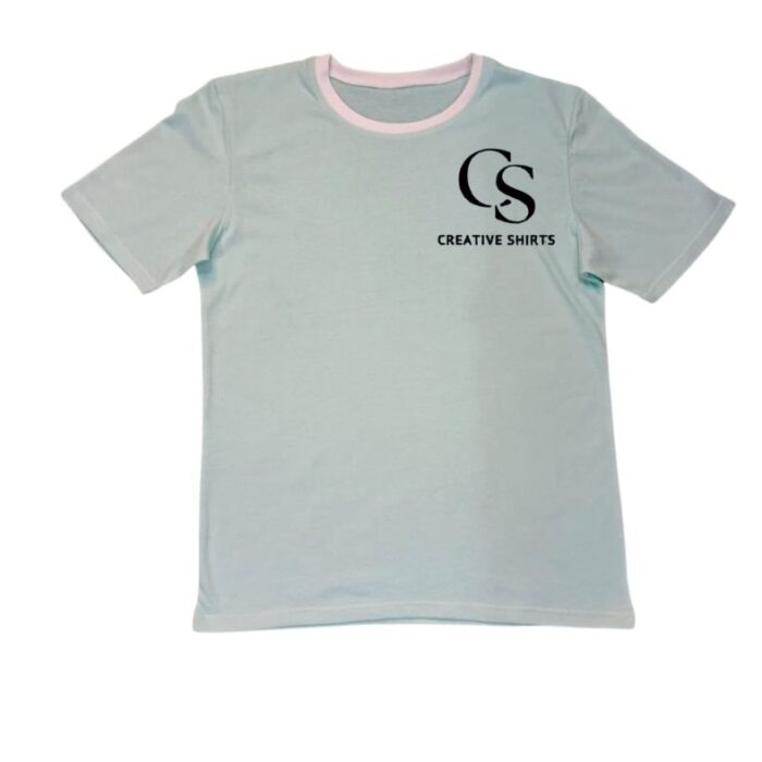 Pastel blue Creative Shirts tee with pink collar – export leftover stock