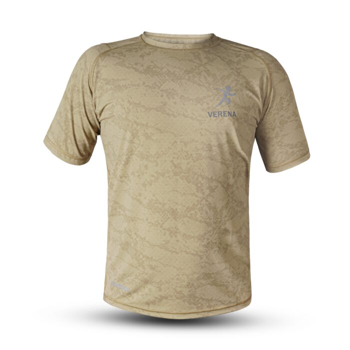 High-performance beige camo t-shirt with quick-dry technology by VERENA. Lightweight, breathable, and perfect for workouts and daily wear.