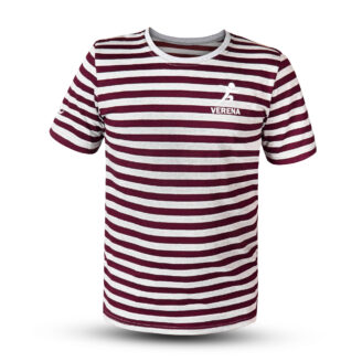 Shop VERENA’s stylish maroon and white striped t-shirt – ideal for both casual and athletic wear. Premium cotton. Available in all sizes.