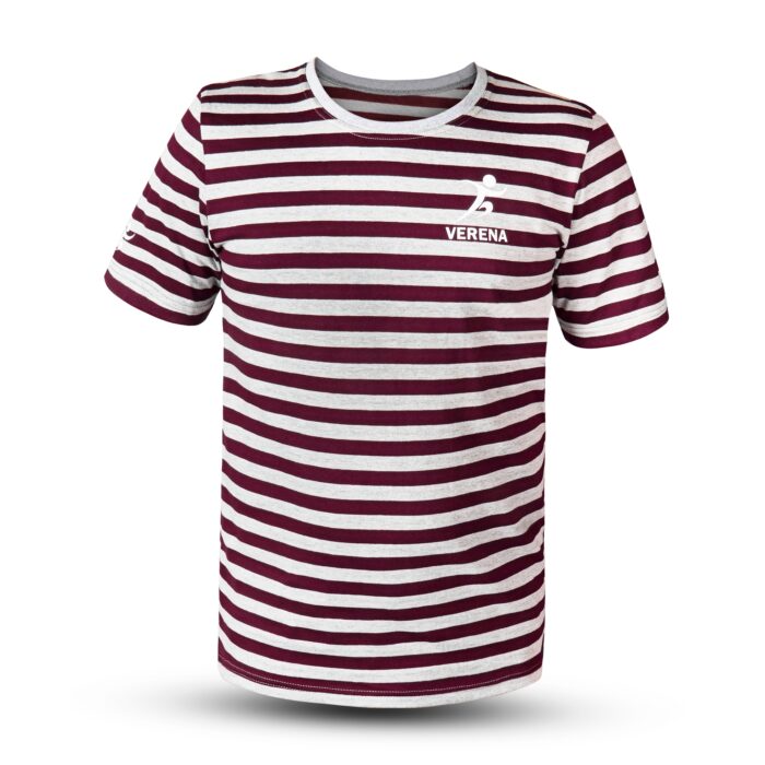 Shop VERENA’s stylish maroon and white striped t-shirt – ideal for both casual and athletic wear. Premium cotton. Available in all sizes.