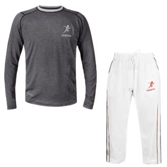 Grey full sleeve athletic shirt and white track pants by Verena