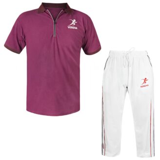 Maroon polo shirt with white track pants by Verena