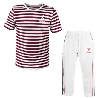 Maroon and white striped t-shirt and track pants by Verena