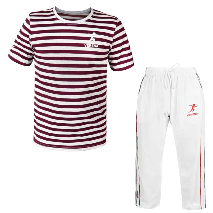 Maroon and white striped t-shirt and track pants by Verena
