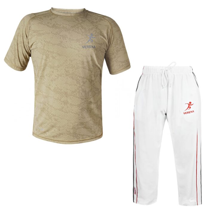 Verena DesertFit Training Set – Beige Camo Top and White Athletic Pants
