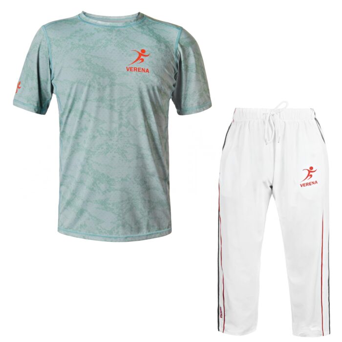 Verena Velocity Performance Set – Aqua Sports T-Shirt and White Track Pants