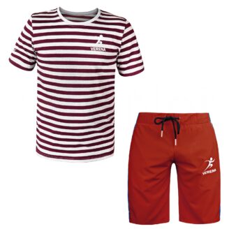 Verena Sports Retro Performance Set – Striped Shirt & Rust Red Shorts for Men