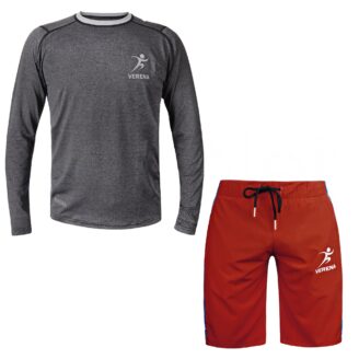 Verena Elite Sportswear set with charcoal long sleeve shirt and flame-red training shorts