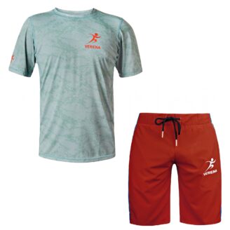 Verena Sportswear set featuring ice blue athletic t-shirt and red performance shorts