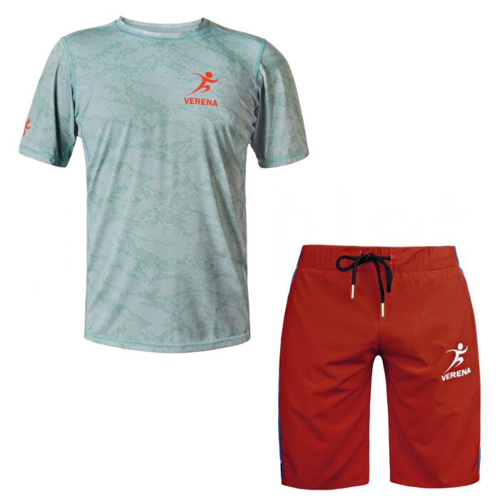 Verena Sportswear set featuring ice blue athletic t-shirt and red performance shorts