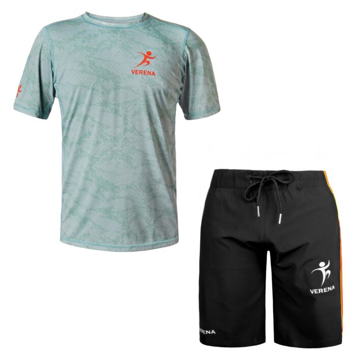 Verena Sportswear Set with Green Performance Tee and Black Shorts with Orange Trim