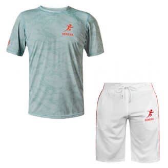 Light‑green Verena performance T‑shirt and white athletic shorts with red logo
