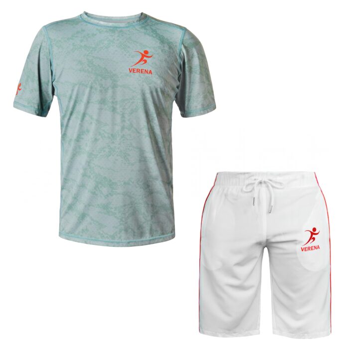 Light‑green Verena performance T‑shirt and white athletic shorts with red logo