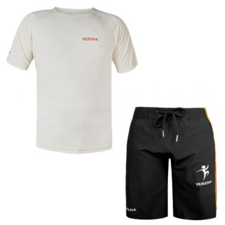 Ivory Verena sports tee with black shorts featuring orange side stripes – unisex fitness combo set