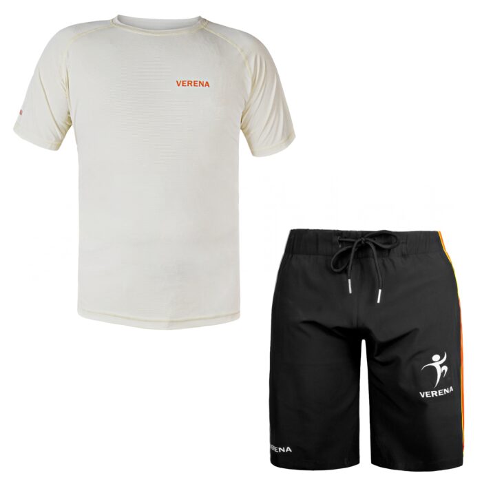 Ivory Verena sports tee with black shorts featuring orange side stripes – unisex fitness combo set