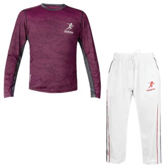 Verena Sportswear Set – Maroon Long Sleeve T-Shirt & White Track Pants
