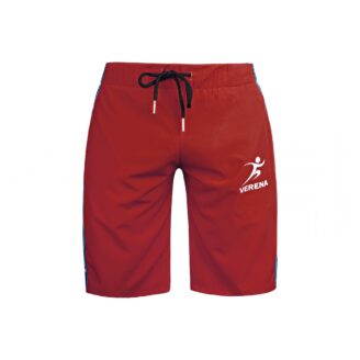 Red Verena sports shorts with blue side stripes – front view for unisex fitness wear