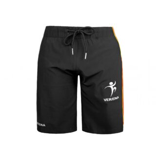 Black Verena sports shorts with orange and yellow side stripes – front view