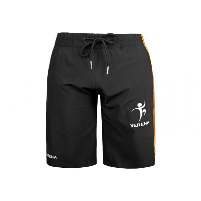 Black Verena sports shorts with orange and yellow side stripes – front view