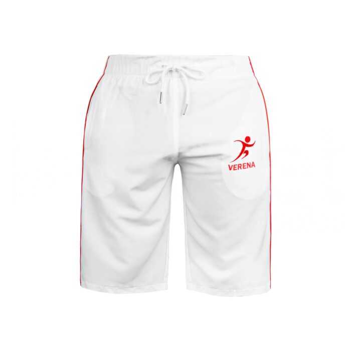 White Verena branded sports shorts with red side stripes – front view