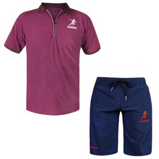 Verena maroon polo shirt and navy blue sports shorts for men