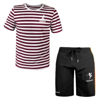 Verena maroon and white striped sports t-shirt with black shorts set