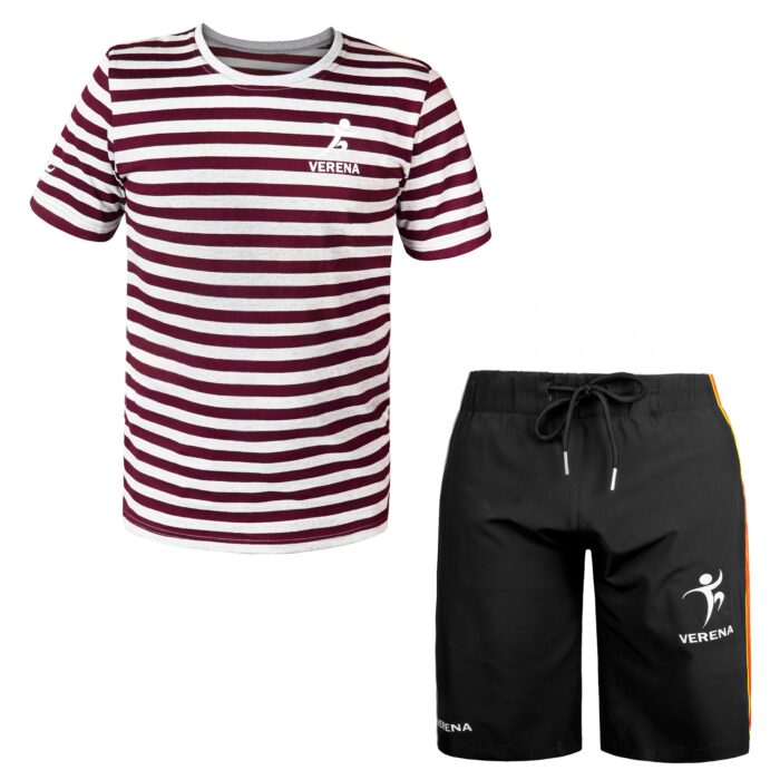 Verena maroon and white striped sports t-shirt with black shorts set