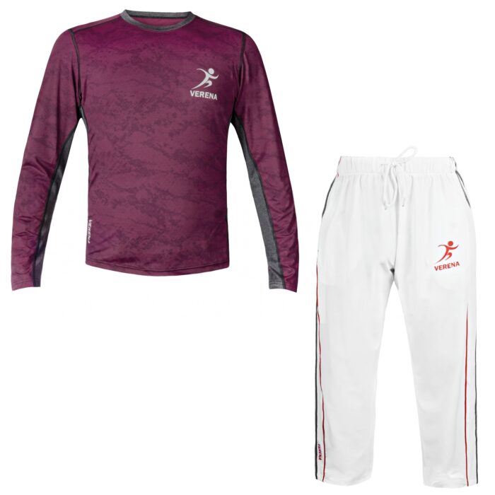 Verena Sportswear Set – Maroon Long Sleeve T-Shirt & White Track Pants