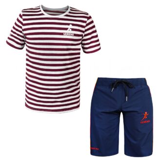 Verena maroon and white striped shirt paired with navy blue shorts