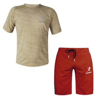 Verena sportswear set with beige quick-dry shirt and red shorts