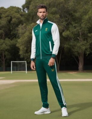 Men wearing a green and white full-zip sports tracksuit with matching joggers, styled for athletic and casual wear