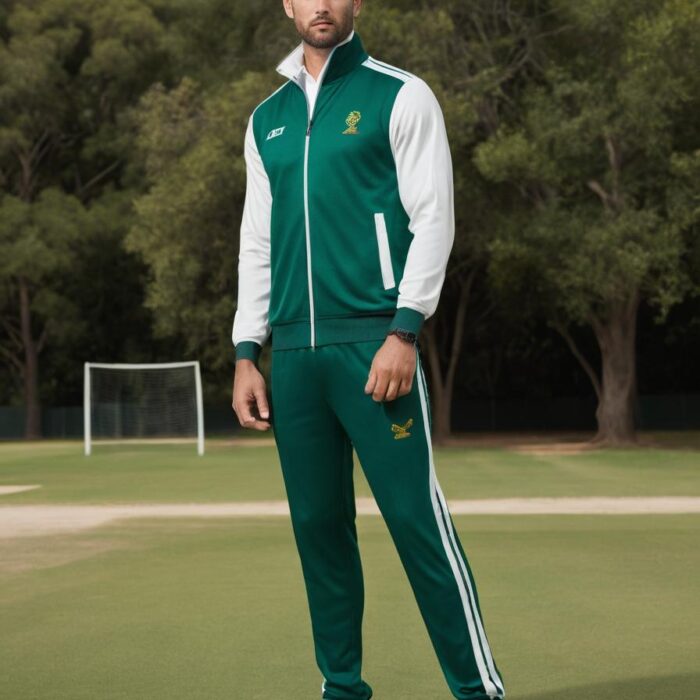 Men’s Green & White Sports Tracksuit – Athletic Activewear Outfit Men wearing a green and white full-zip sports tracksuit with matching joggers, styled for athletic and casual wear