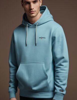 Man wearing a sky blue hoodie with drawstring hood and kangaroo