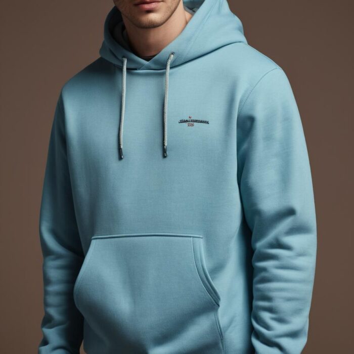 Men’s Sky Blue Hoodie – Casual Streetwear Comfort Man wearing a sky blue hoodie with drawstring hood and kangaroo