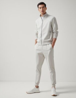 Man wearing an all-white slim fit tracksuit with zip jacket and tapered joggers, styled with white sneakers.
