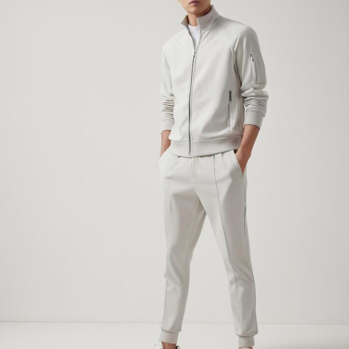 Men’s All-White Slim Fit Tracksuit – Modern Activewear Set Man wearing an all-white slim fit tracksuit with zip jacket and tapered joggers, styled with white sneakers.