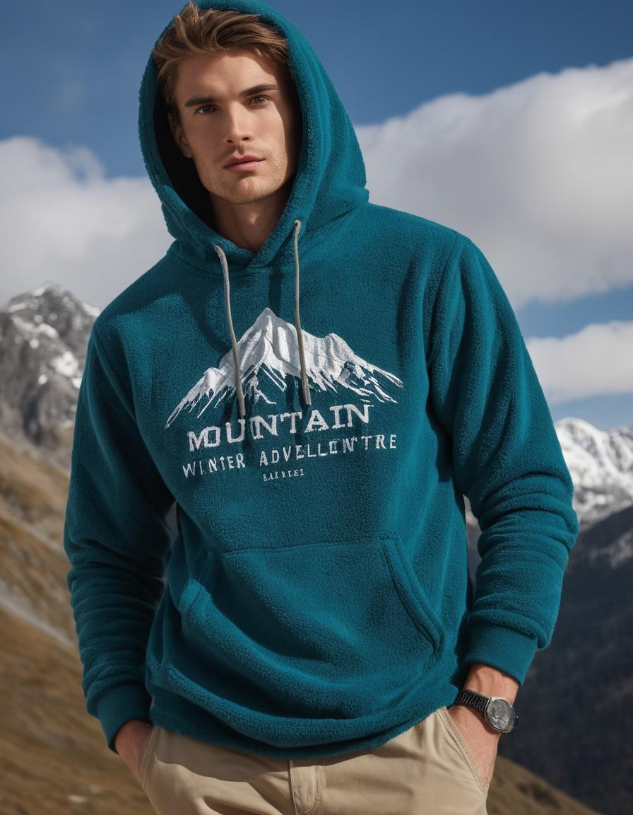 Men’s teal fleece hoodie with mountain graphic, cozy winter pullover designed for outdoor adventures and casual everyday wear.