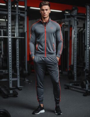 Men’s slim-fit grey tracksuit with red piping accents, full-zip jacket, and jogger pants – stylish athletic activewear set.