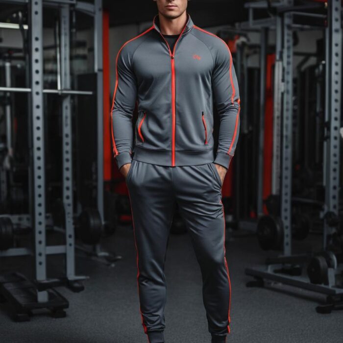 Men’s Grey & Red Slim-Fit Tracksuit – Athletic Gym & Casual Activewear Set Men’s slim-fit grey tracksuit with red piping accents, full-zip jacket, and jogger pants – stylish athletic activewear set.