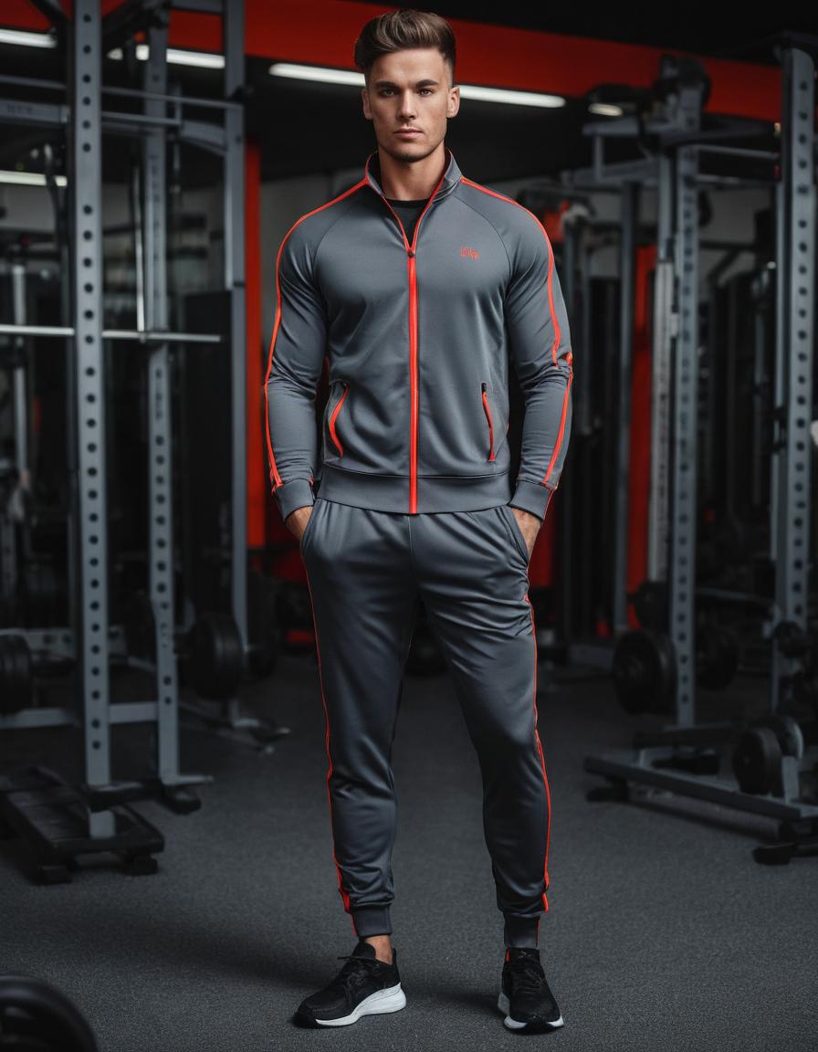 Men’s slim-fit grey tracksuit with red piping accents, full-zip jacket, and jogger pants – stylish athletic activewear set.