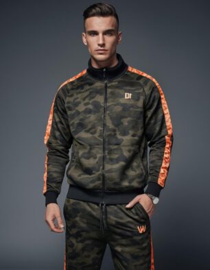 Men’s camouflage slim-fit tracksuit with bold orange stripe details, full-zip jacket, and jogger pants – athletic and streetwear style.