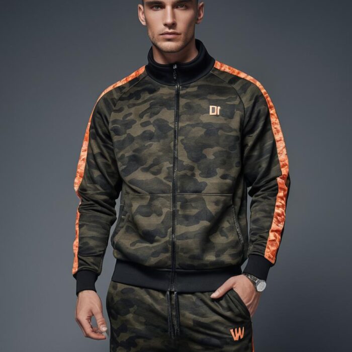 Men’s Camo Print Slim-Fit Tracksuit with Orange Stripes – Streetwear & Gym Wear Men’s camouflage slim-fit tracksuit with bold orange stripe details, full-zip jacket, and jogger pants – athletic and streetwear style.