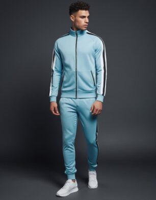 Men’s light blue slim-fit tracksuit with black-and-white side stripe detail, featuring a zip-up jacket and tapered joggers.