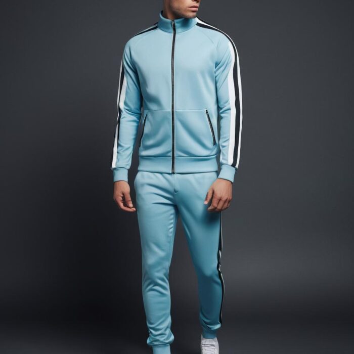 Men’s Light Blue Tracksuit – Slim-Fit Jacket and Joggers with Side Stripes Men’s light blue slim-fit tracksuit with black-and-white side stripe detail, featuring a zip-up jacket and tapered joggers.